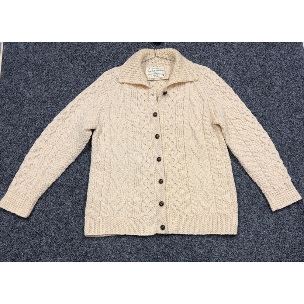 Purple Heather Handknit Sweater Womens Cream Wool Irish Cable Cardigan Vintage